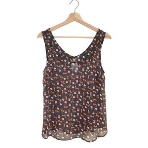 Jella Couture Semi Sheer Cat Print Sleeveless Peter Pan Collar Top Small